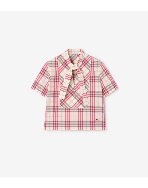 Cropped Check Cotton Scarf Blouse