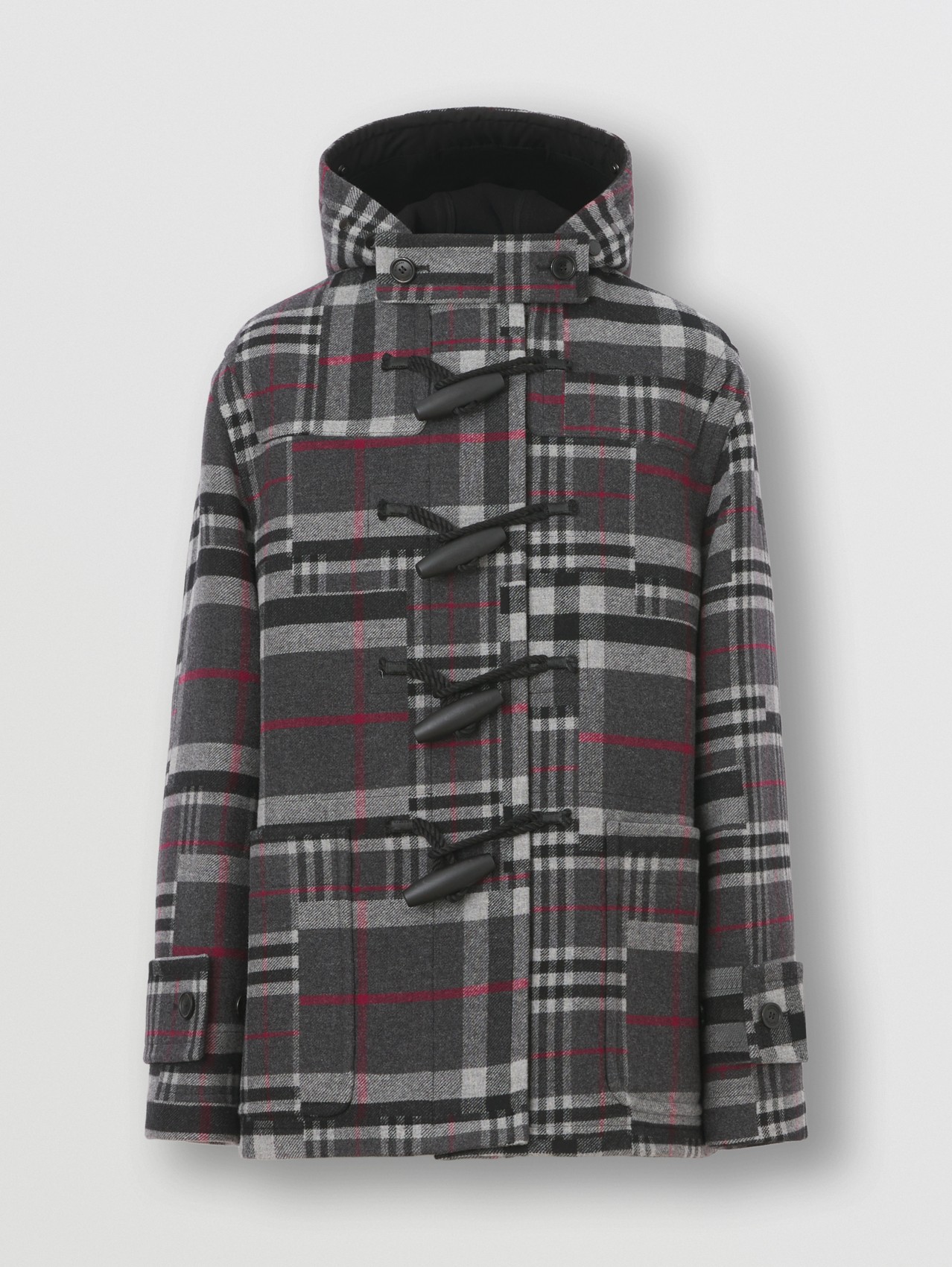 Duffle coat oversize de lã e cashmere xadrez com capuz in Grafite