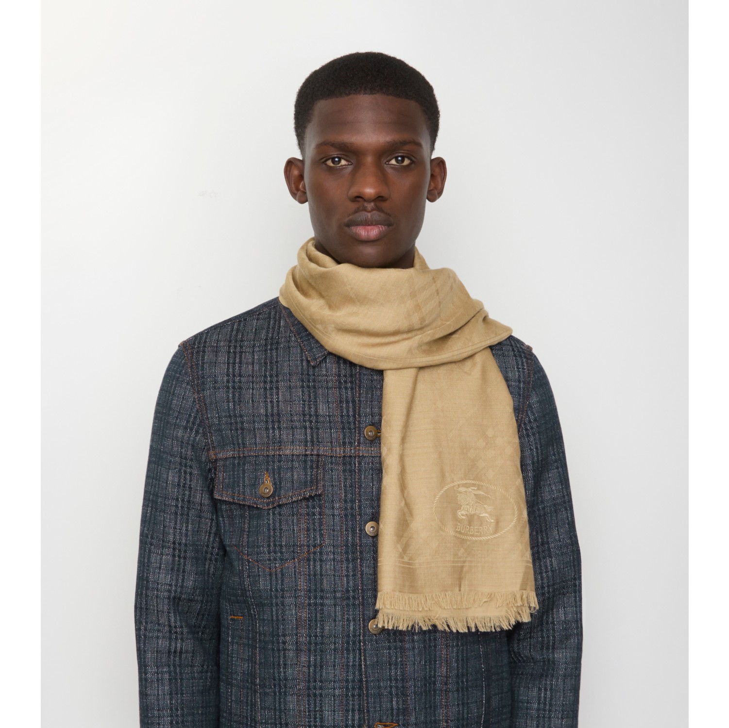 Wide Check Wool Silk Scarf