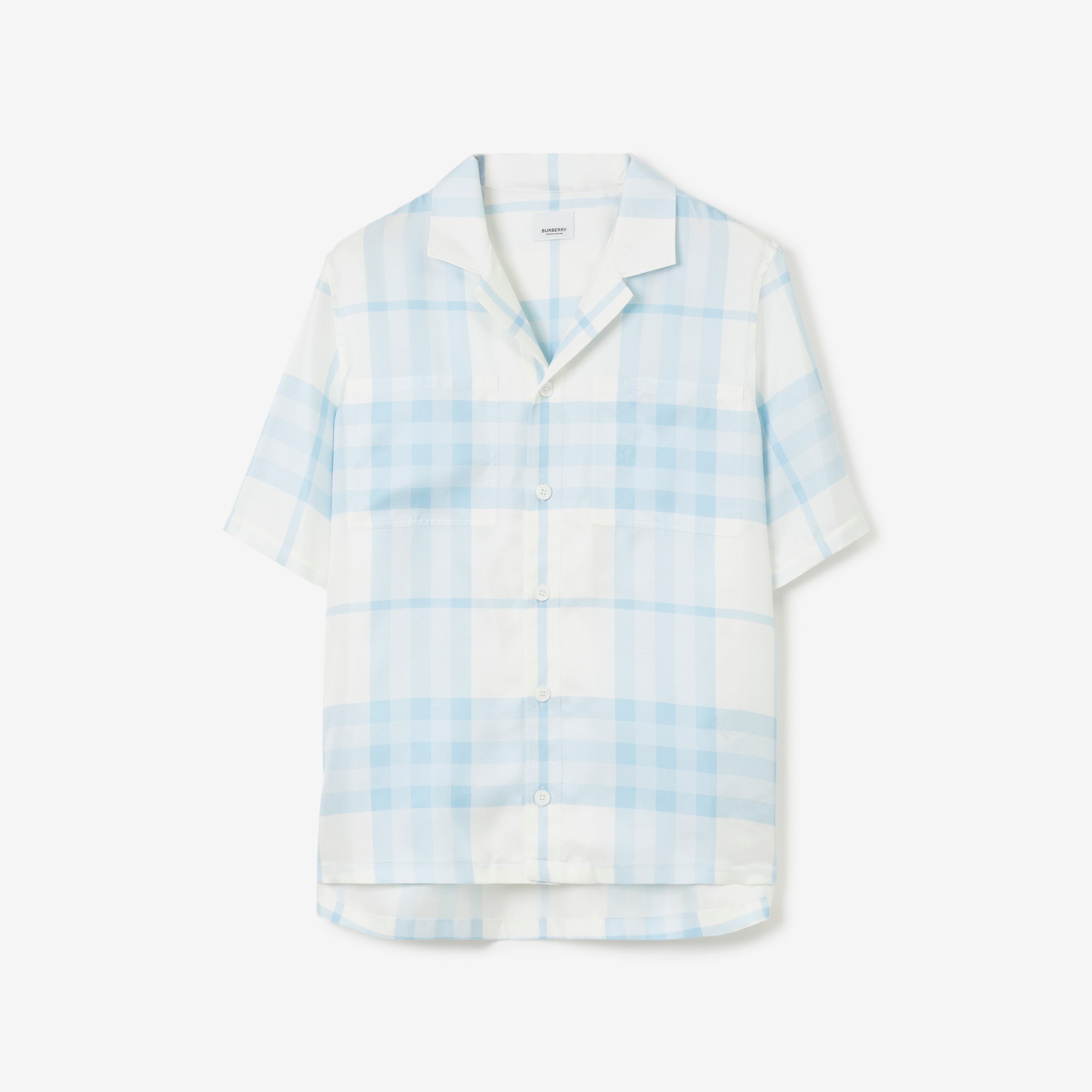 Short-sleeve Check Silk Shirt in Pale Sky Blue - Men | Burberry® Official - 1