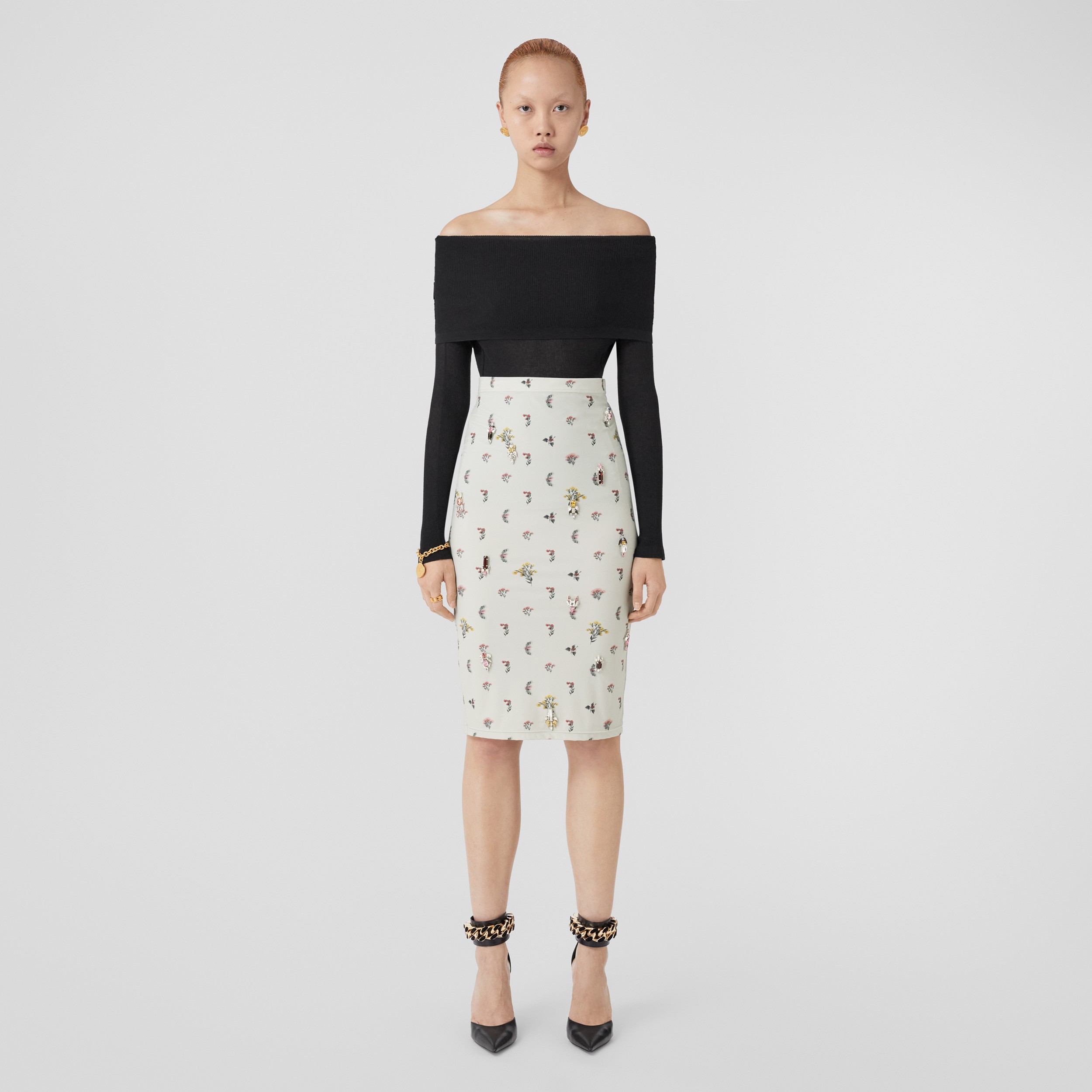 Crystal Floral Print Stretch Jersey Pencil Skirt in Parchment Grey - Women | Burberry® Official - 4