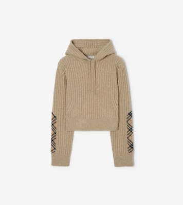 Check Patch Wool Cashmere Hoodie in Light brown melange - Women | Burberry® Official