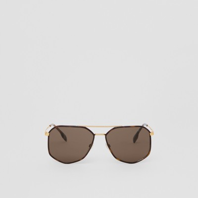 Shop Burberry Logo Geometric Sunglasses In Deep Brown/light Gold
