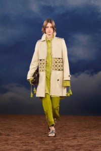 Burberry SS26 Show model Dana Smith wearing a Macramé trim leather trench coat and an Embroidered silk shirt dress