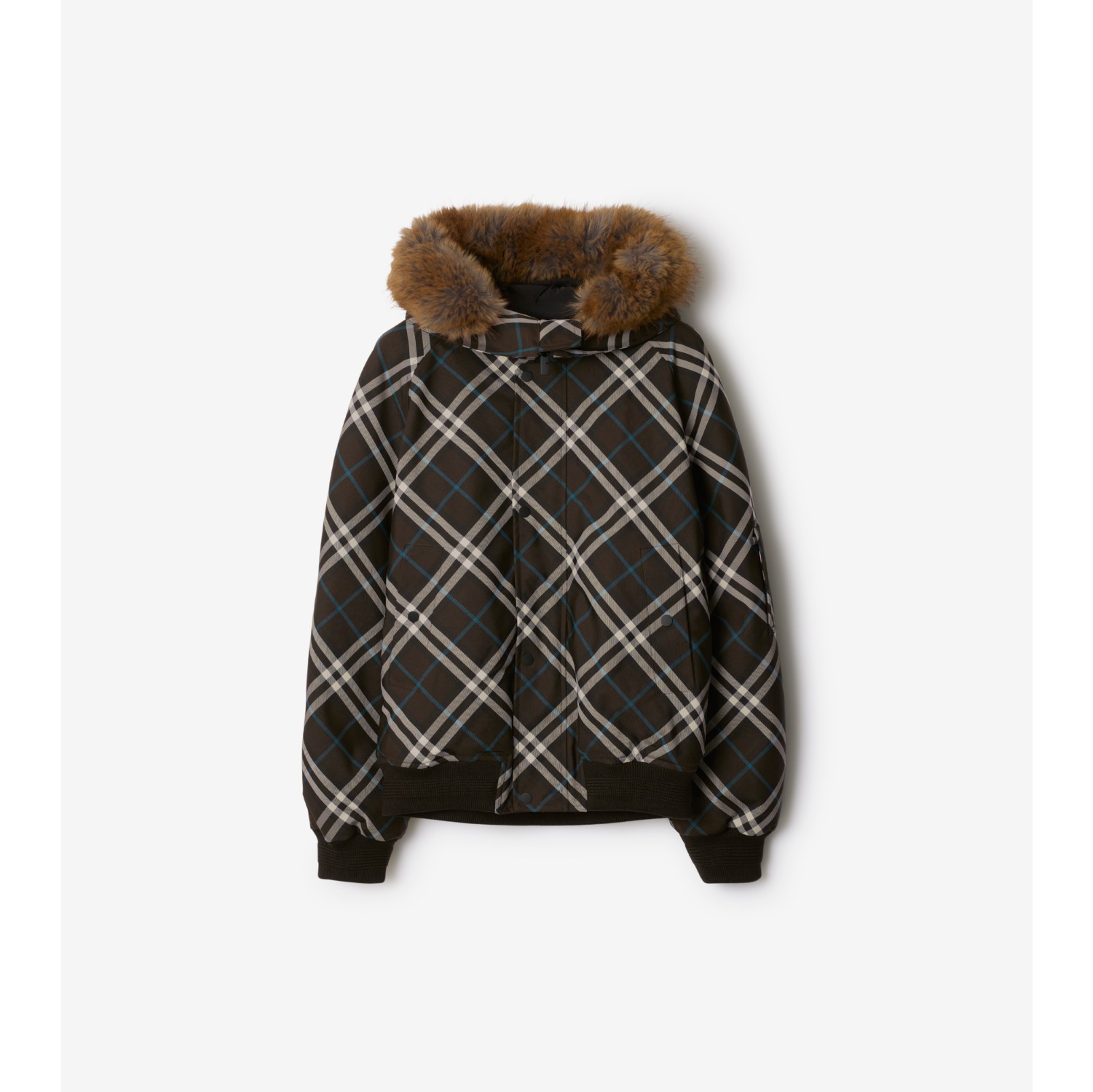 Faux Fur Trim Check Bomber Jacket