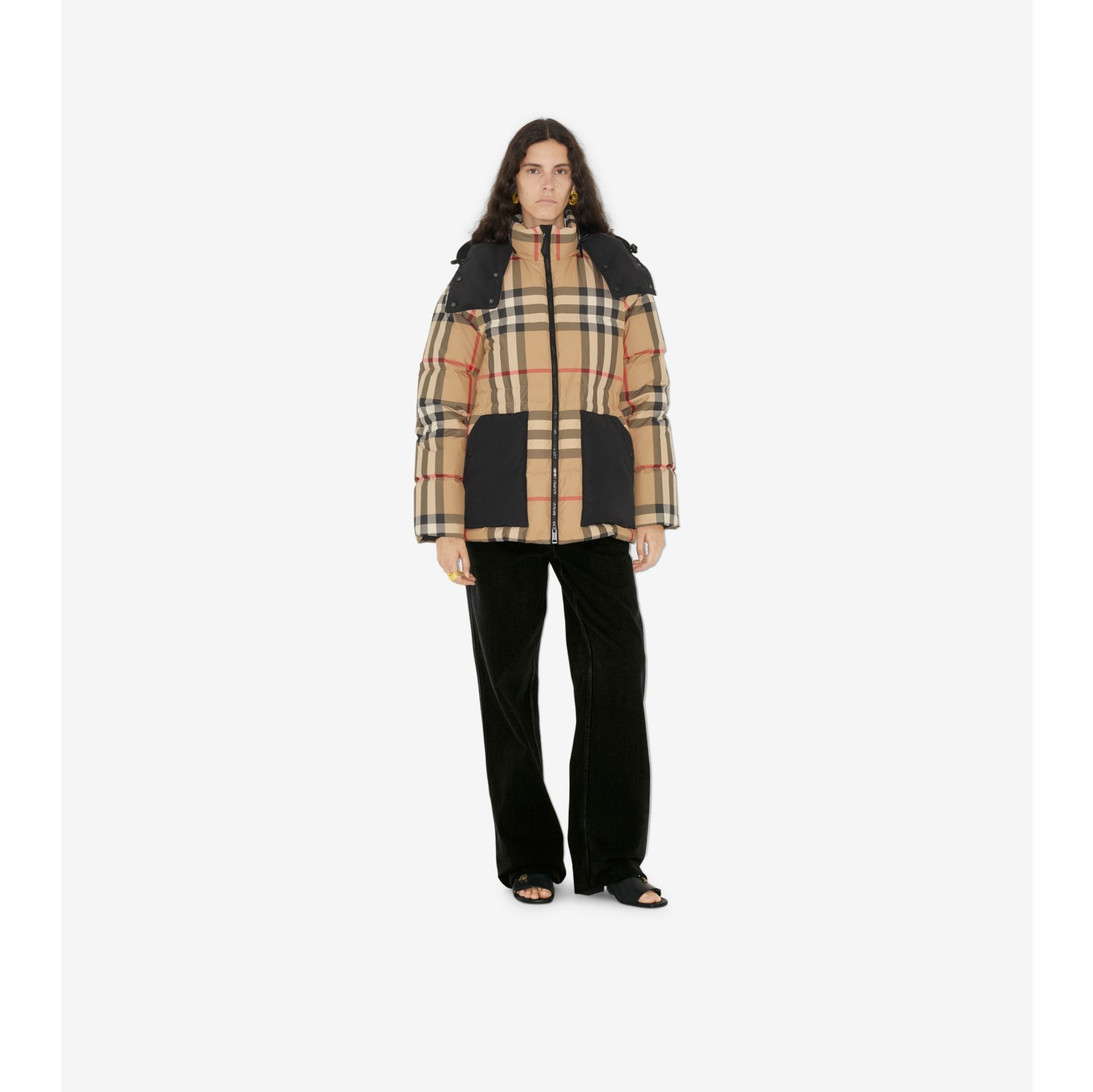 Checked puffer outlet coat