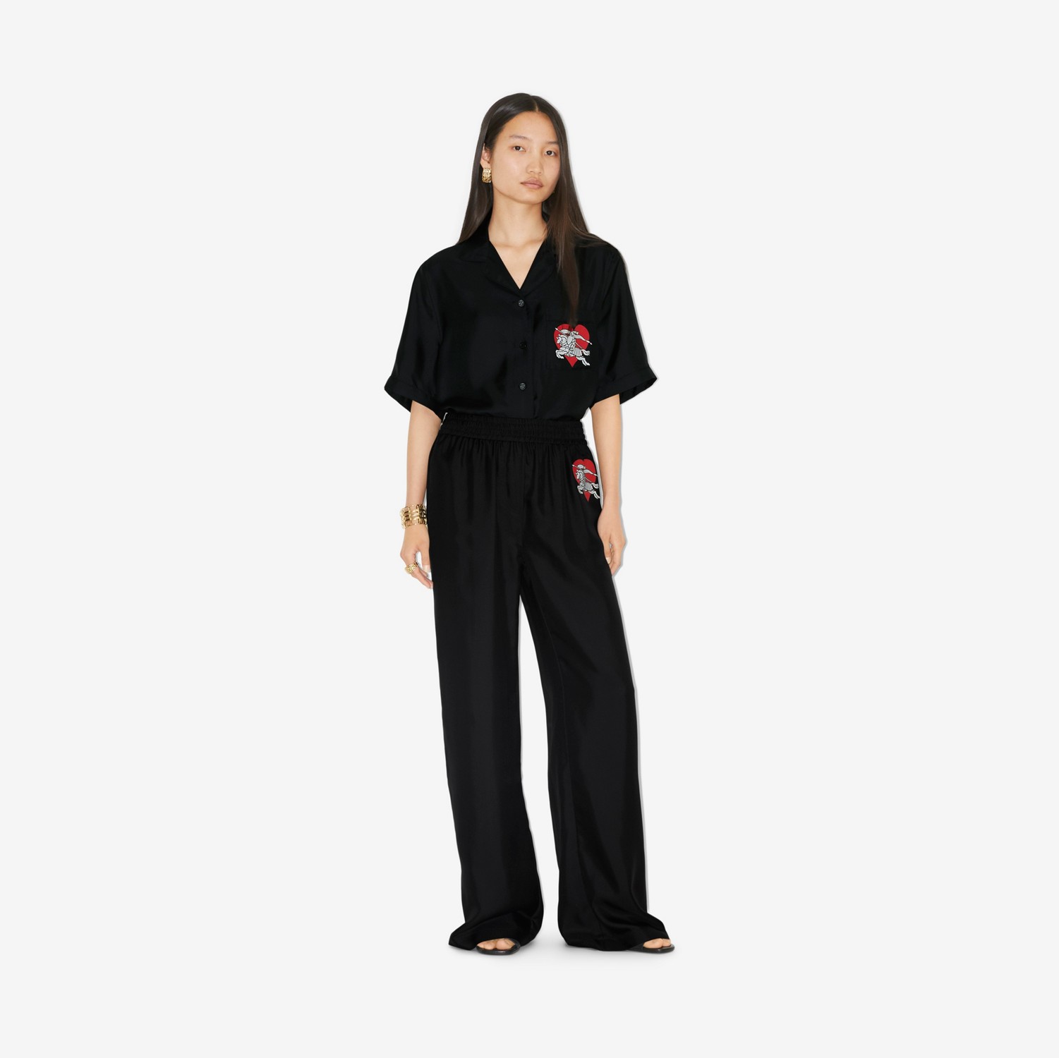 Pantalones de pernera ancha en seda con EKD y corazón (Negro) - Mujer | Burberry® oficial