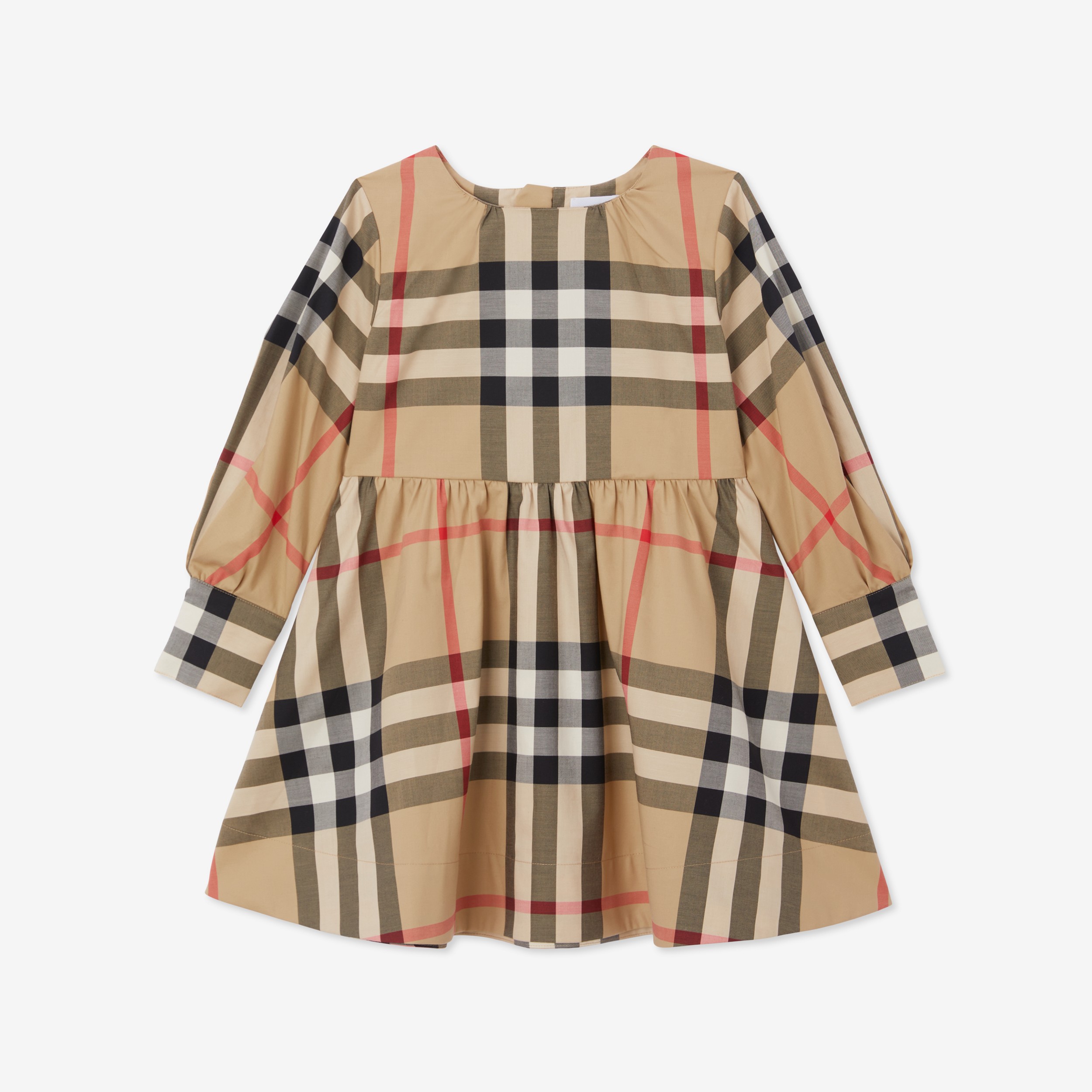 Long-sleeve Check Stretch Cotton Dress in Archive Beige | Burberry® Official - 1