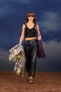 Burberry SS26 Show model Giselle Norman wearing a Crochet knit top and Macramé trim leather trousers