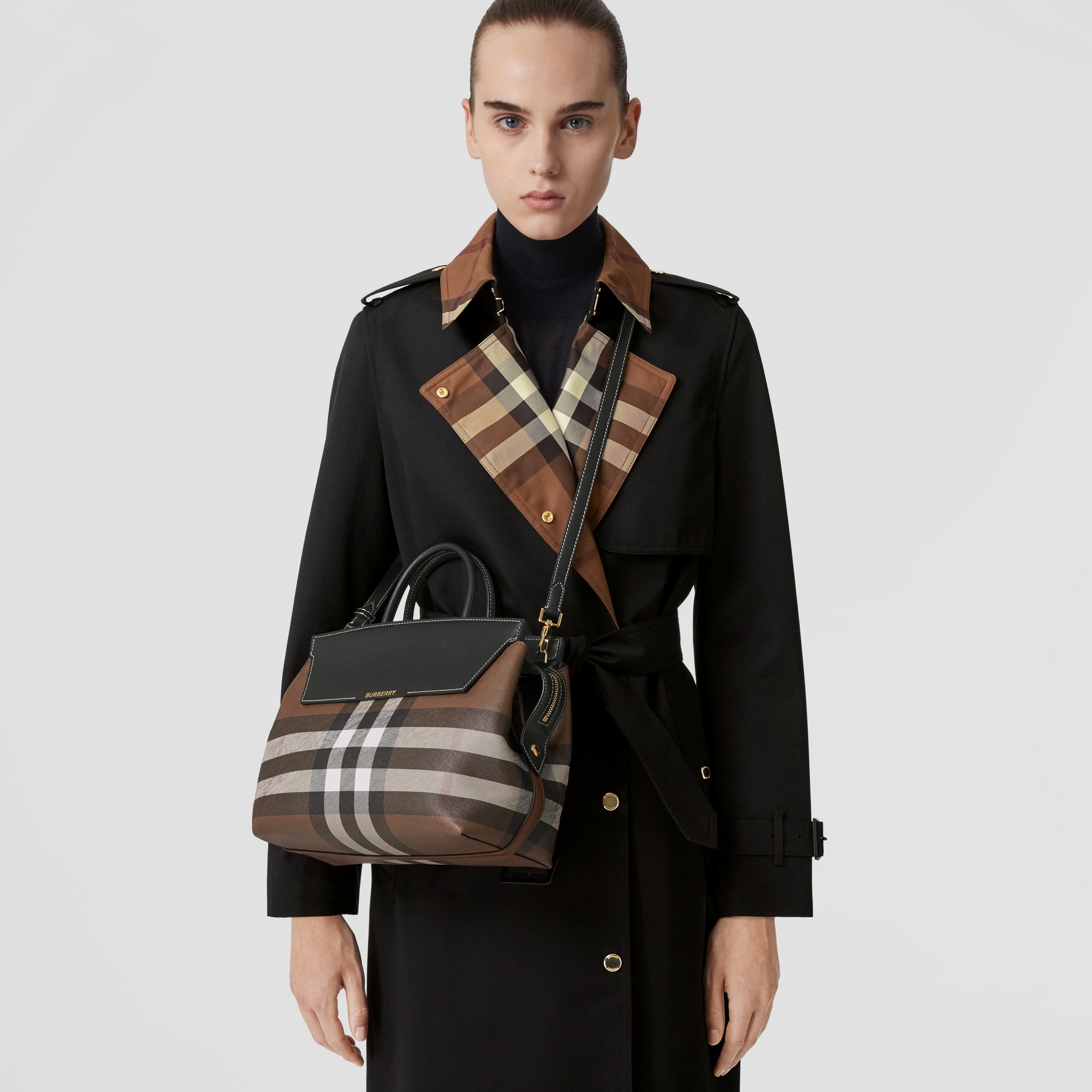 Check and Leather Medium Catherine Bag in Dark Birch Brown - Women 
