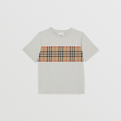 Burberry Boys Grey & Beige Check T-shirt In Soft Silver Grey