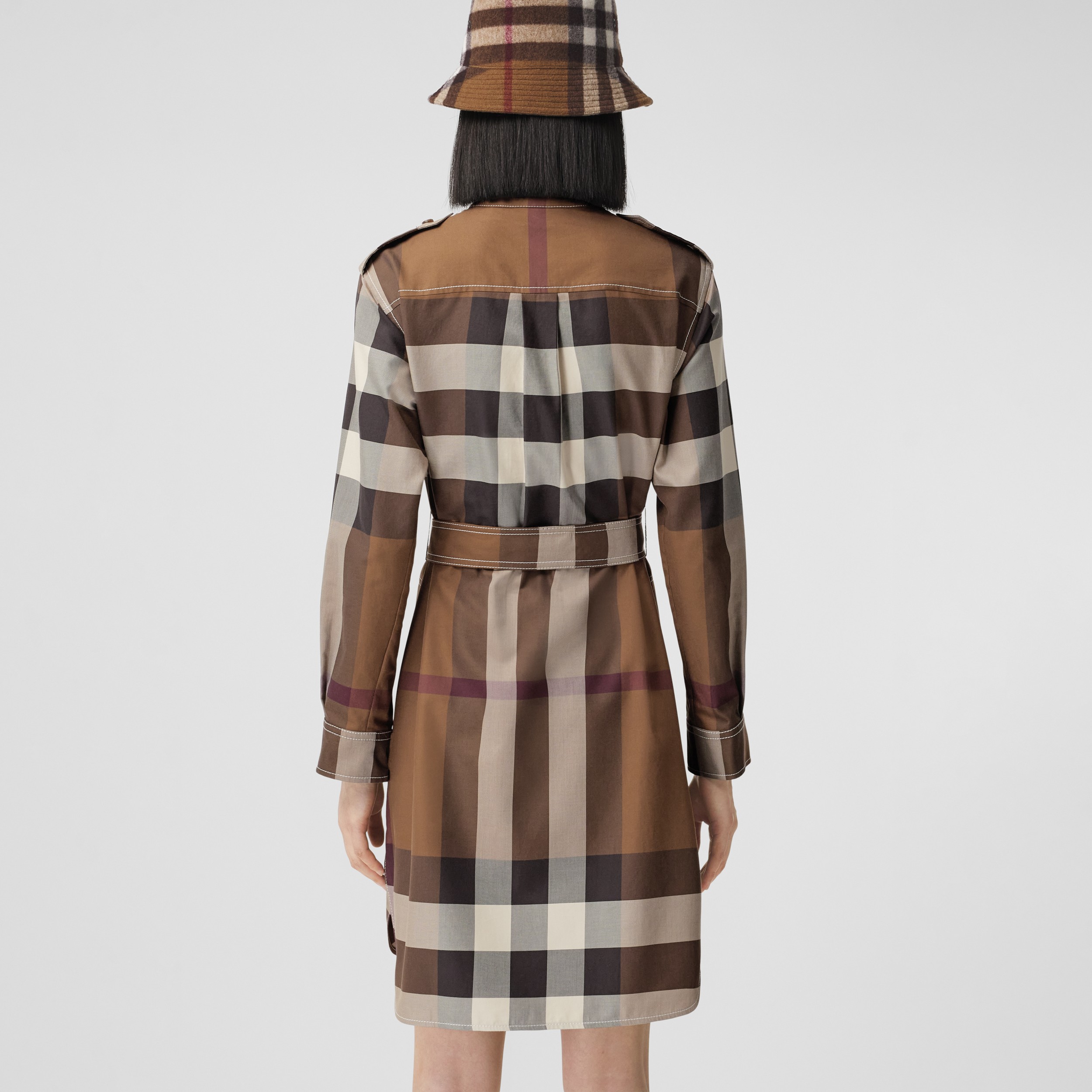 Exaggerated Check Cotton Tie-waist Shirt Dress in Dark Birch Brown | Burberry® Official - 3