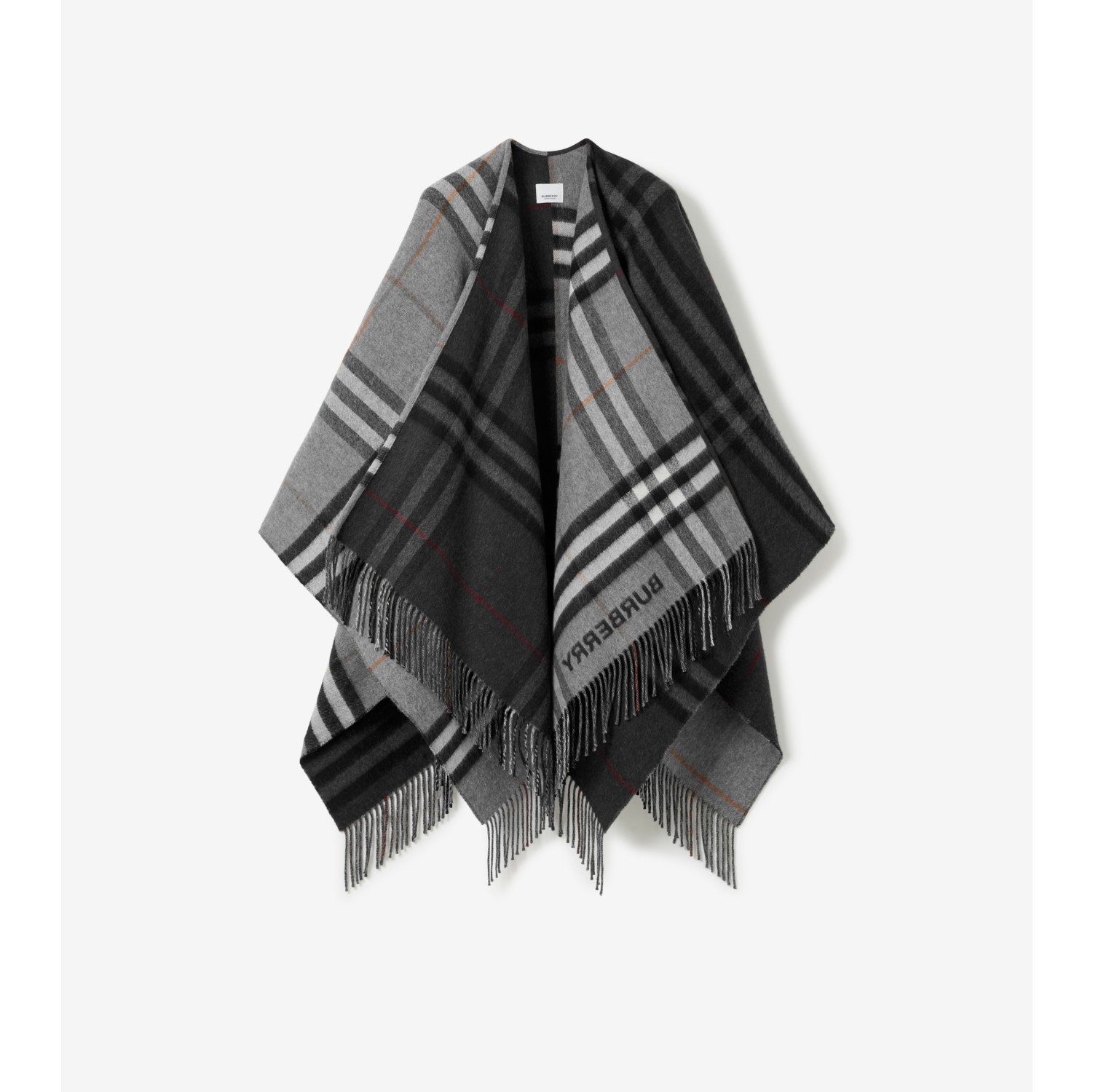 Contrast Check Wool Cashmere Jacquard Cape in Grey charcoal Burberry Official