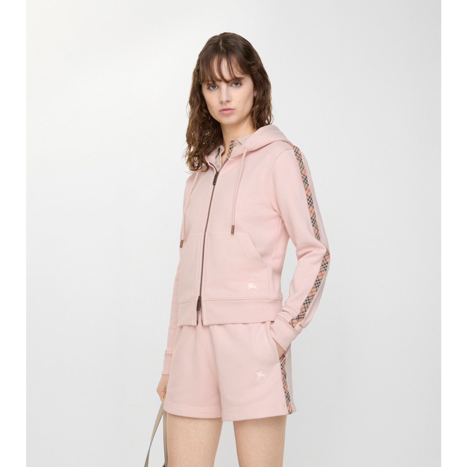 Check Trim Cotton Zip Hoodie