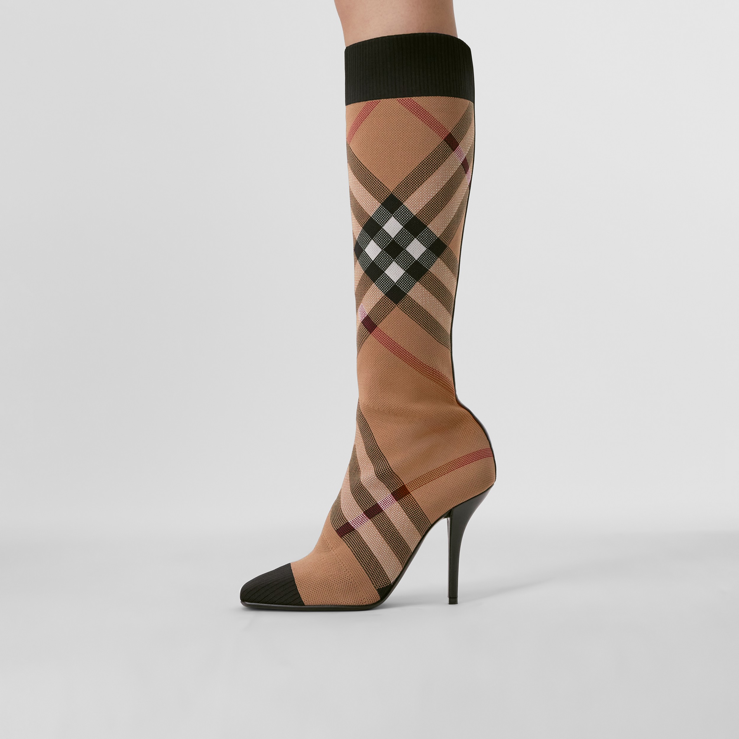 Knitted Check Sock Boots in Birch Brown - Women | Burberry® Official - 3