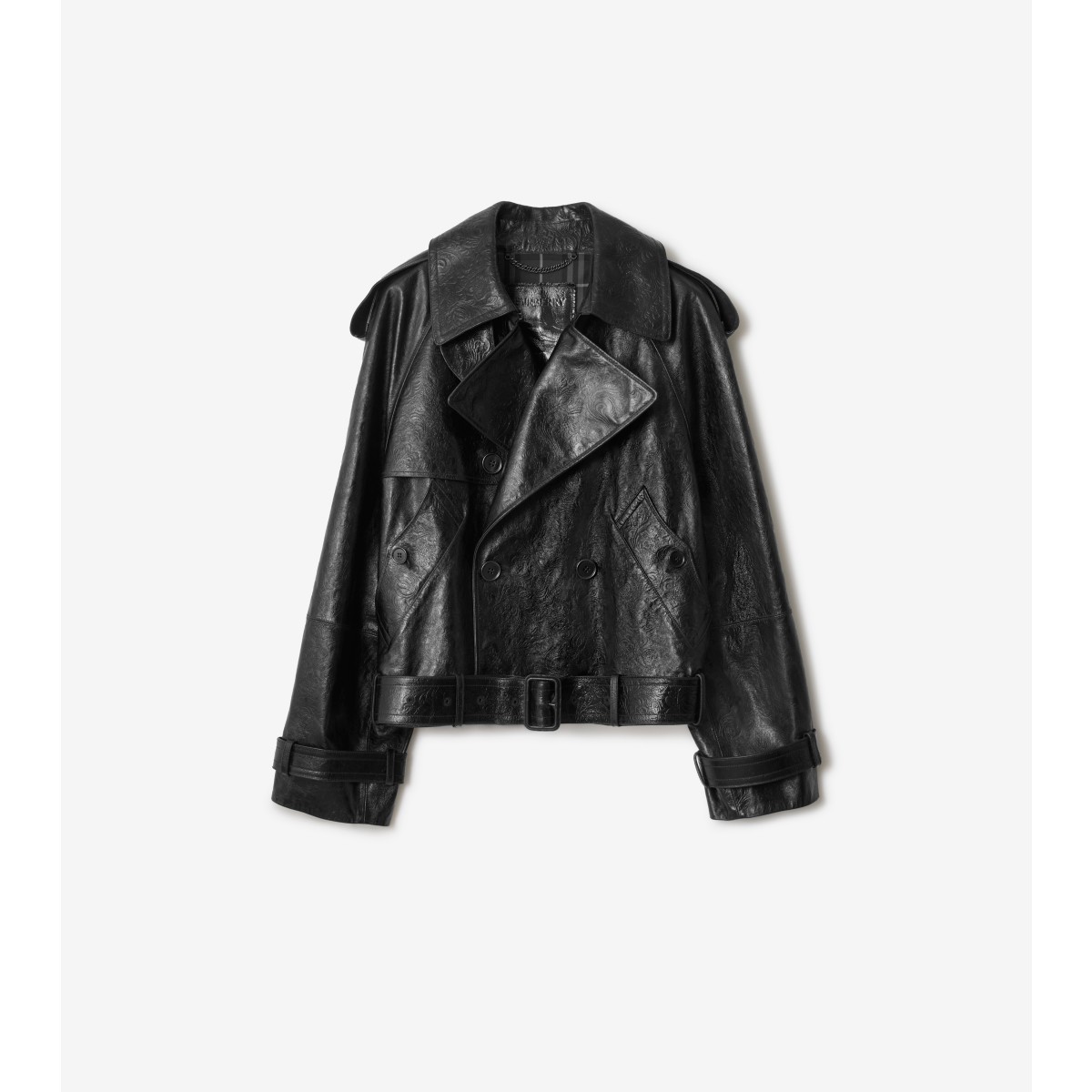  Check Cropped Embossed Leather Trench Jacket