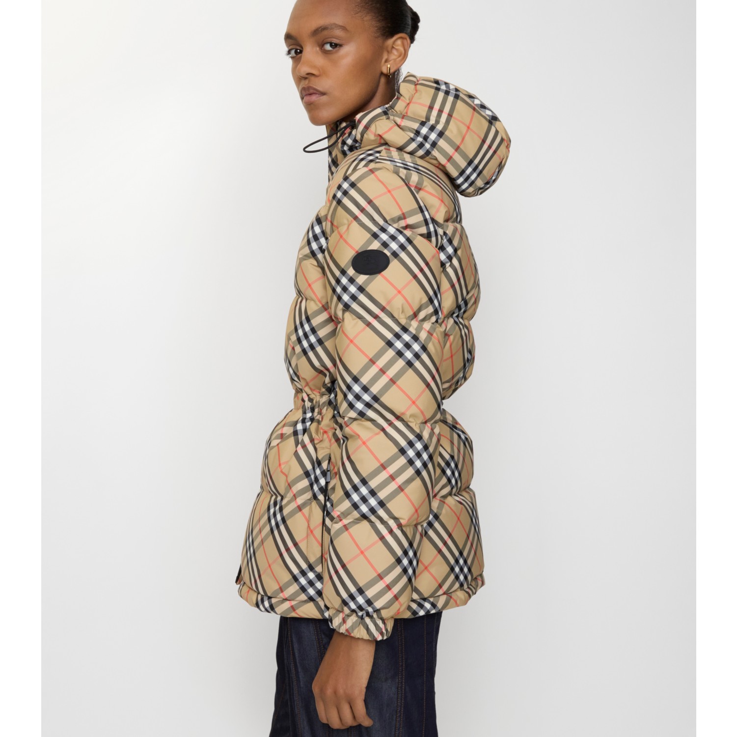 Check Nylon Hooded Puffer Jacket