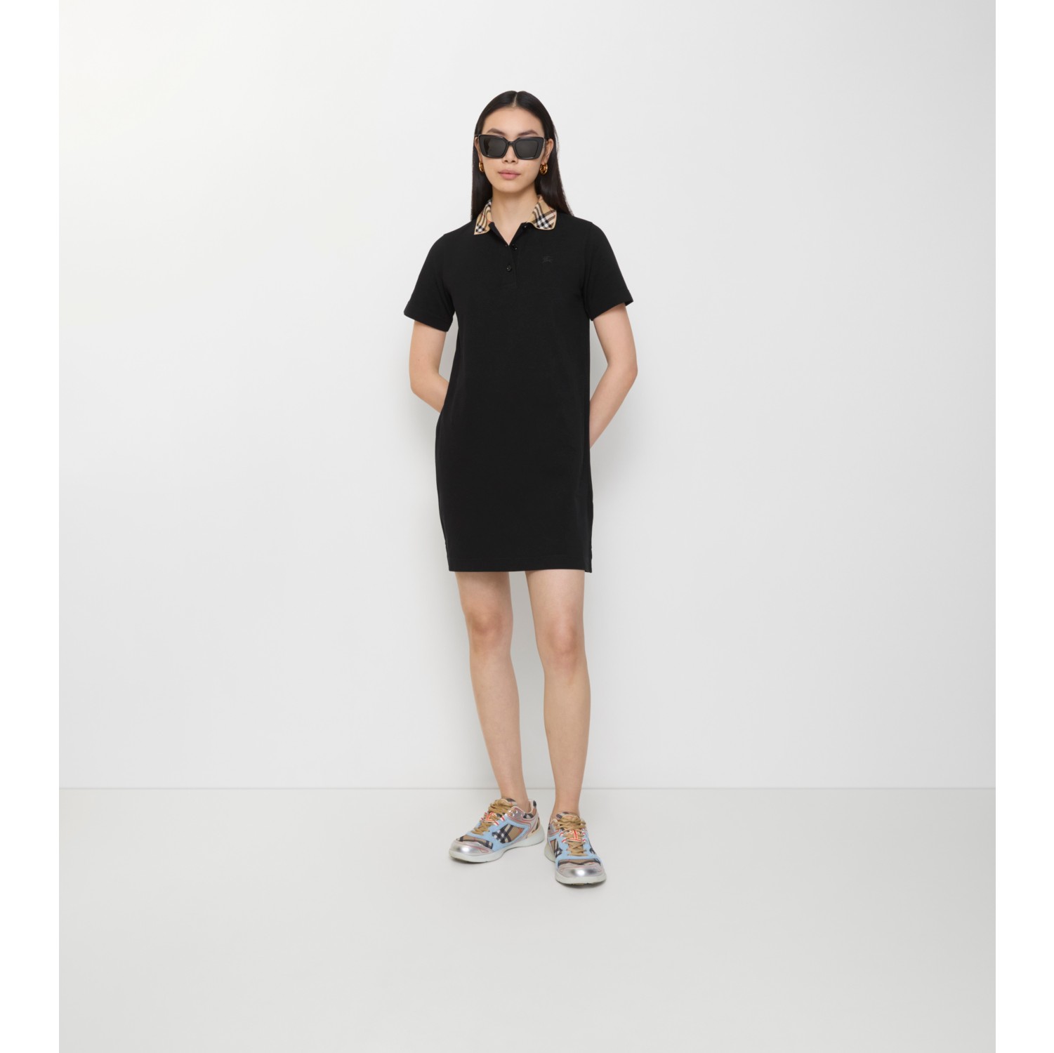 Check Collar Cotton Polo Shirt Dress in Black - Women | Burberry® Official