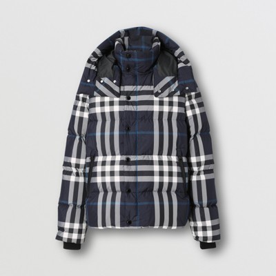 Shop Burberry Check Puffer Jacket In White/dark Charcoal Blue