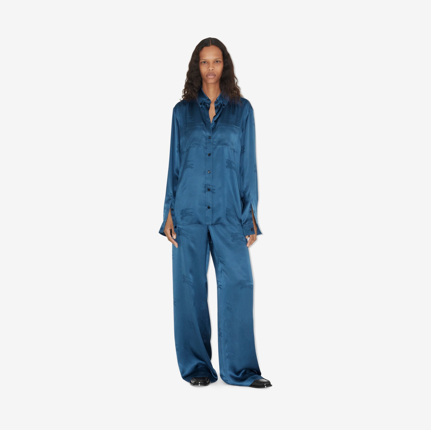 Camisa en seda con emblemas Equestrian Knight (Azul Marino Discreto) - Mujer | Burberry® oficial