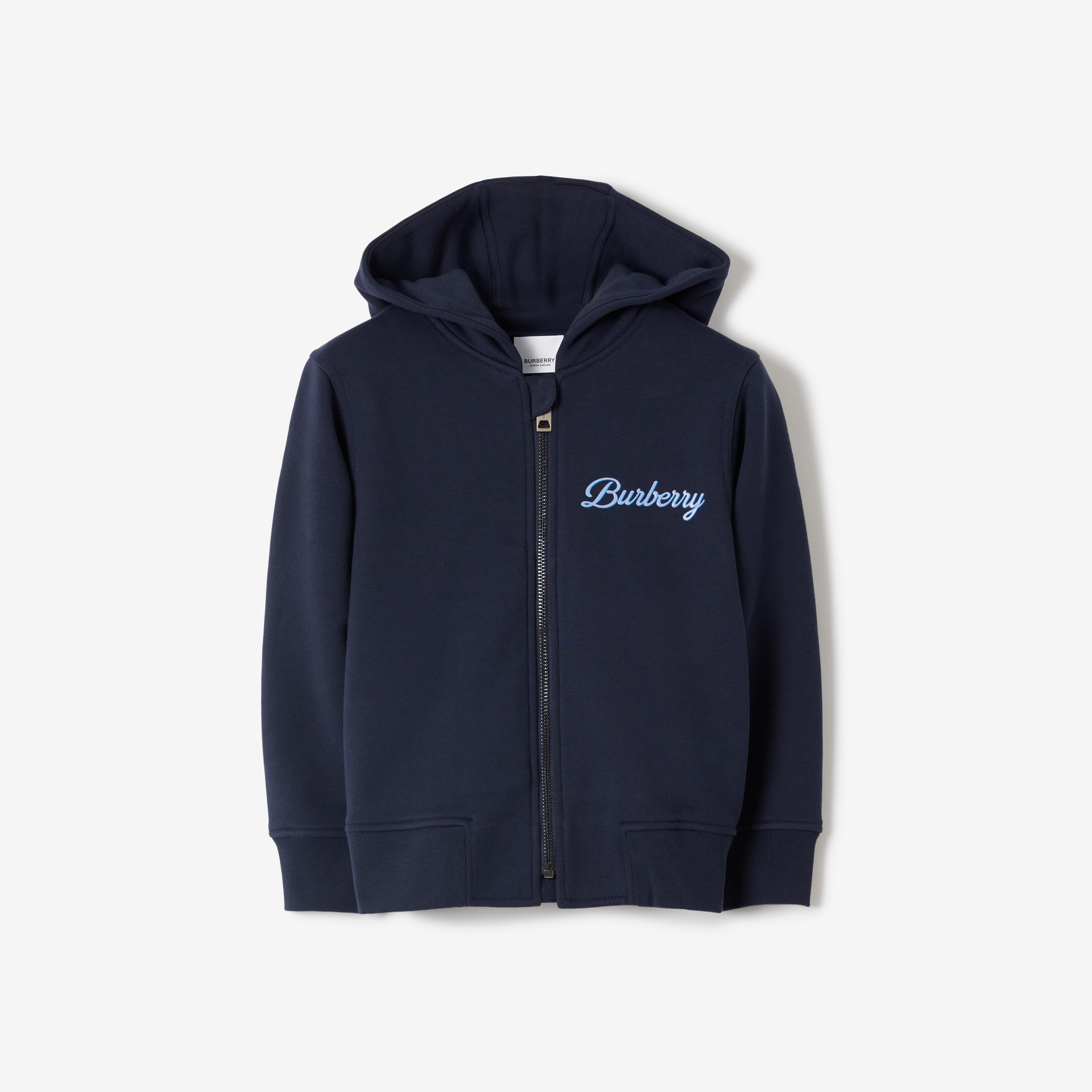 Logo Script Print Cotton Zip Hoodie in Deep Charcoal Blue | Burberry® Official - 1