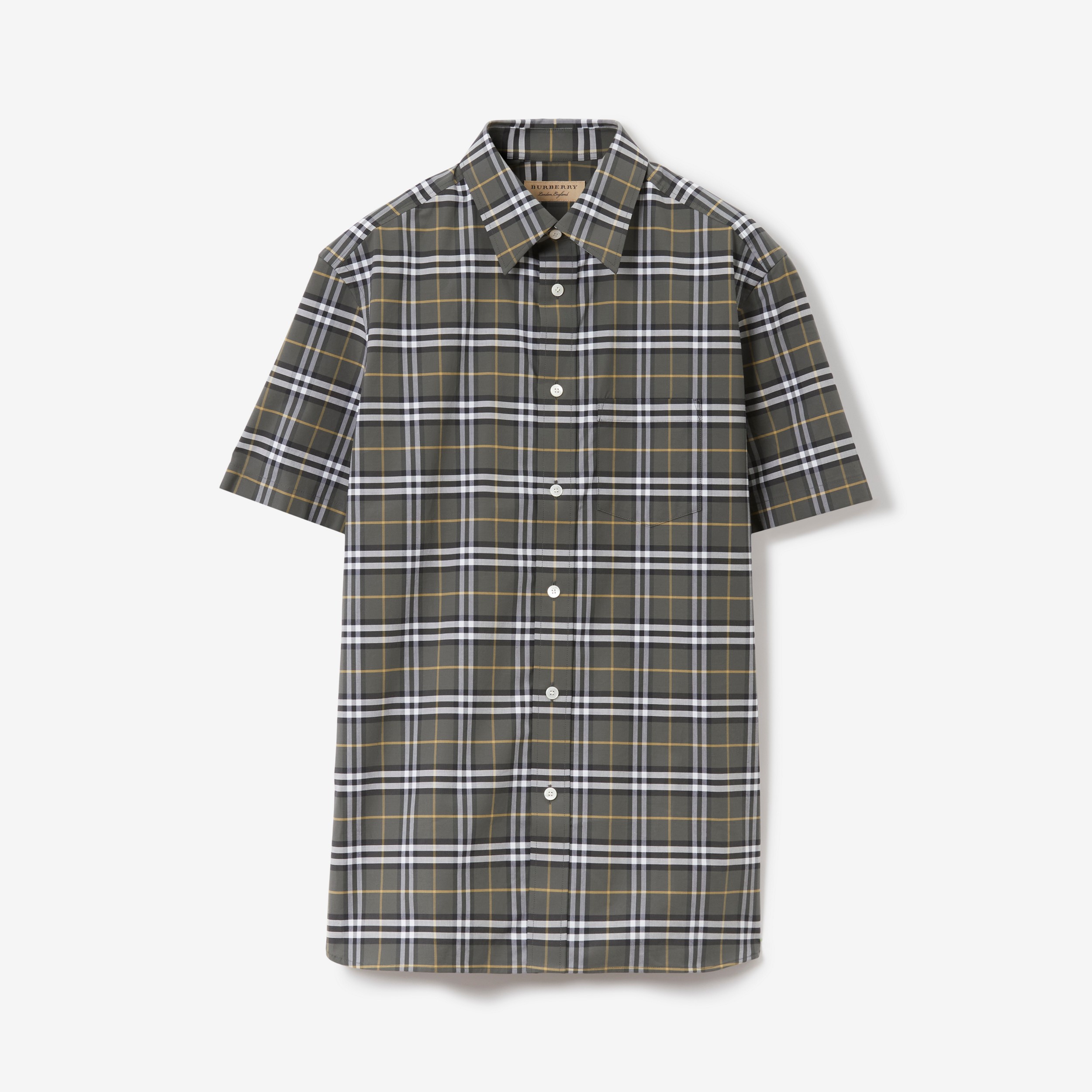 Camisa xadrez de algodão stretch com mangas curtas (Cinza Escuro) - Homens | Burberry® oficial - 1
