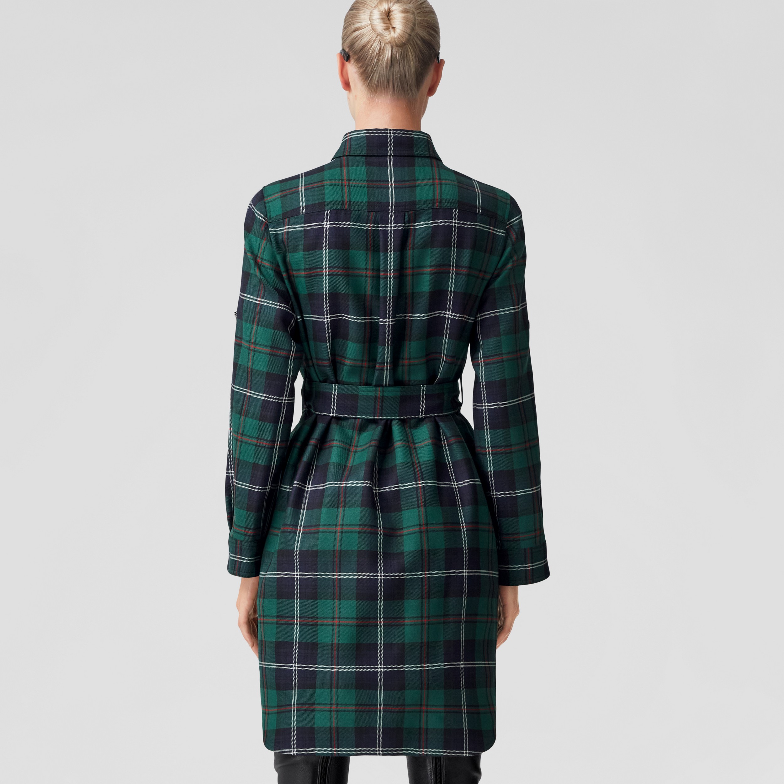 Exaggerated Check Wool Tie-waist Shirt Dress in Dark Viridian Green - Women | Burberry® Official - 3