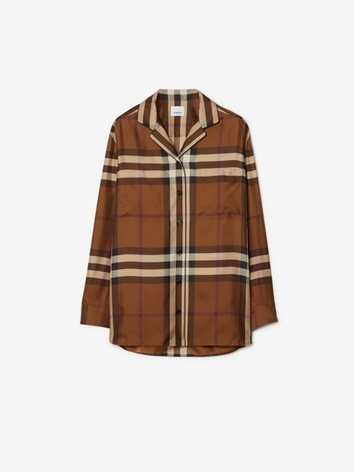Burberry Check Silk Pyjama Shirt In Brown
