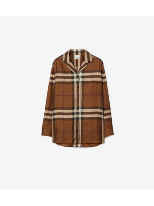 Burberry Check Silk Pyjama Shirt In Brown