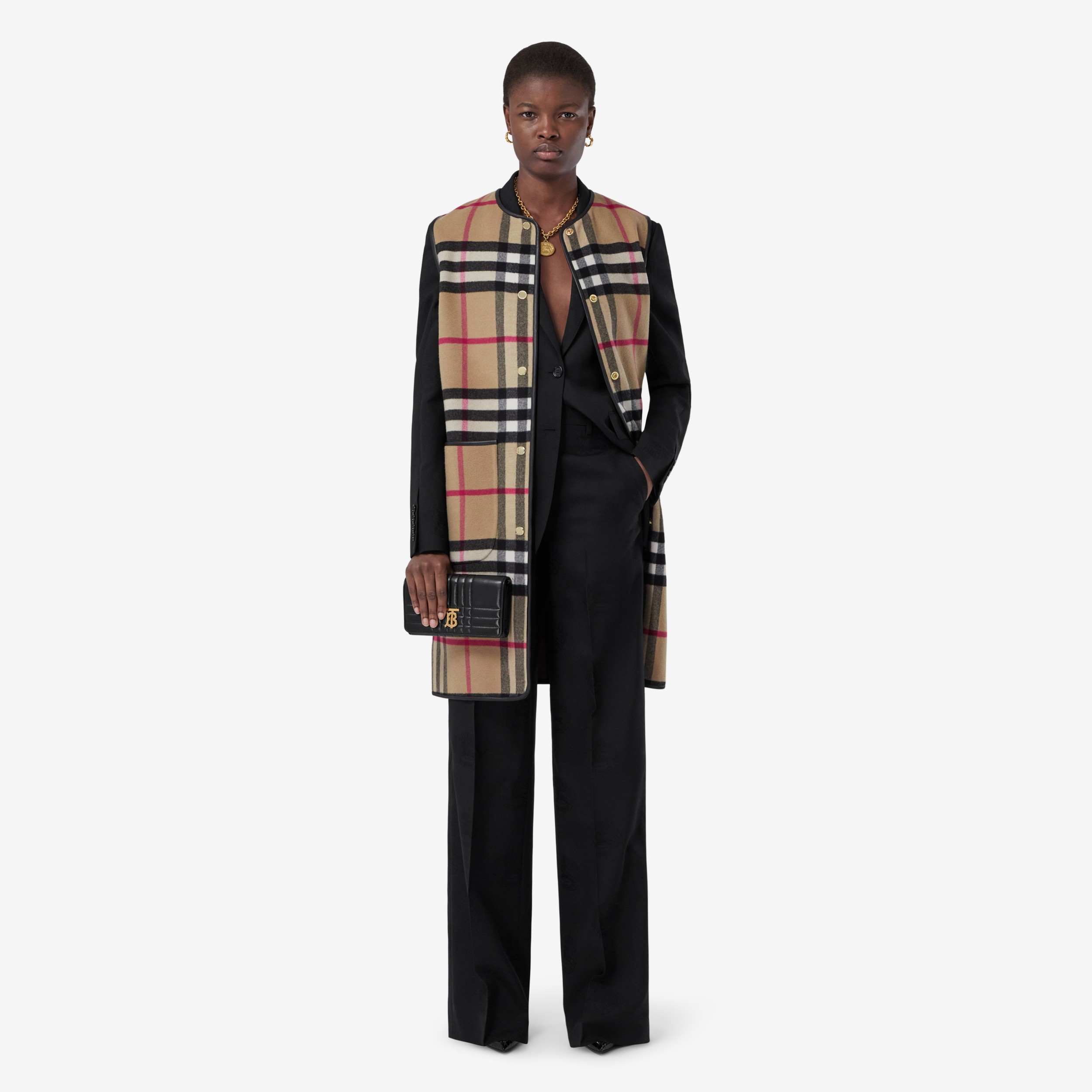 Check Technical Wool Long Heritage Warmer in Archive Beige - Women | Burberry® Official - 2