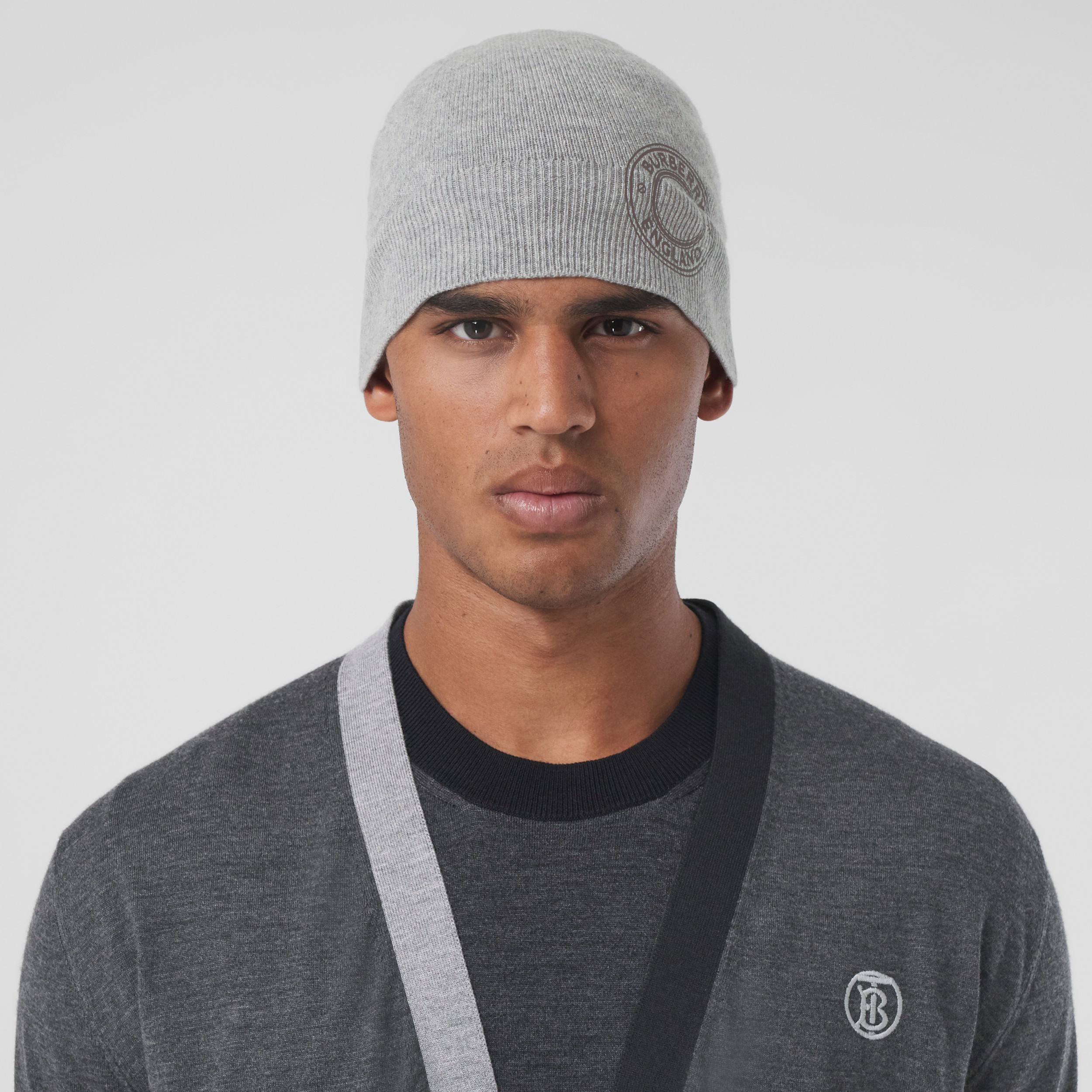 Logo Graphic Cashmere Blend Beanie in Mid Grey Melange | Burberry® Official - 3