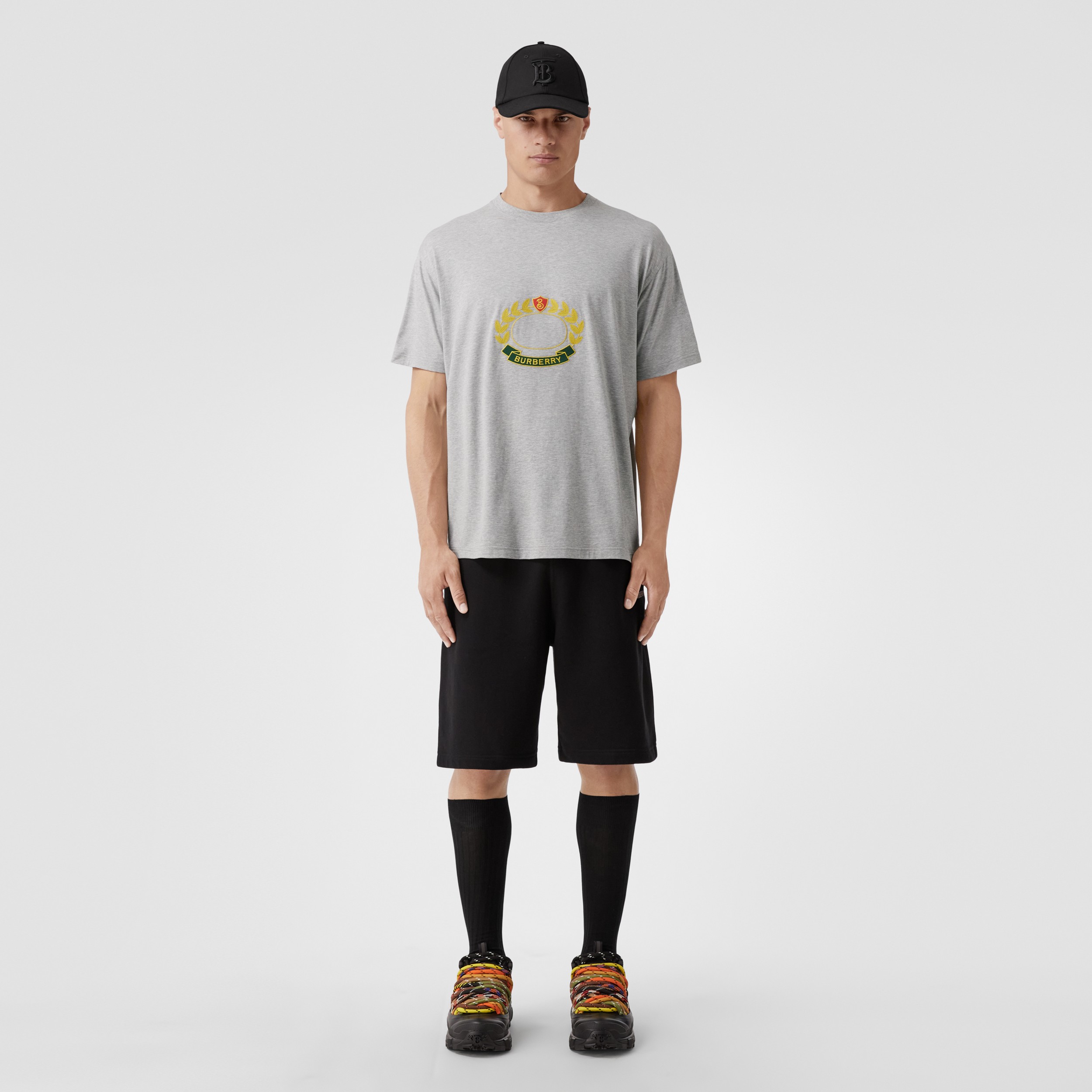 Oak Leaf Crest Cotton Oversized T-shirt in Pale Grey Melange - Men | Burberry® Official - 1
