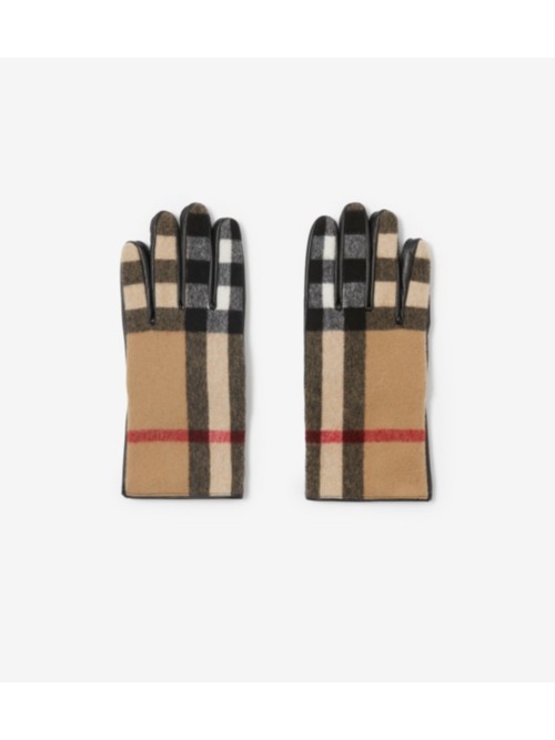 Shop Burberry Exaggerated Check Wool And Leather Gloves In Archive Beige