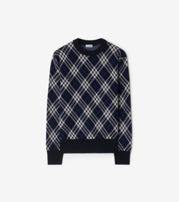 新品 ブルー クルーネックセーター BURBERRY チェック ウールブレンド セーター (インクブルー) - メンズ, ウール