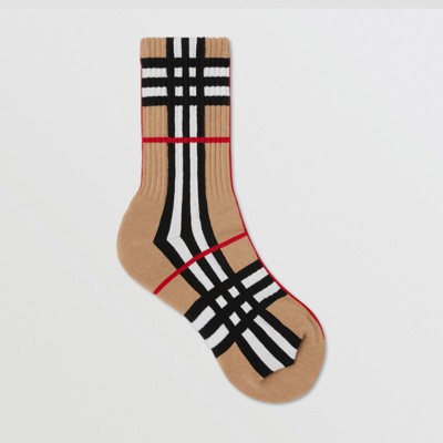 Check Intarsia Technical Stretch Cotton Socks in Archive Beige | Burberry®  Official