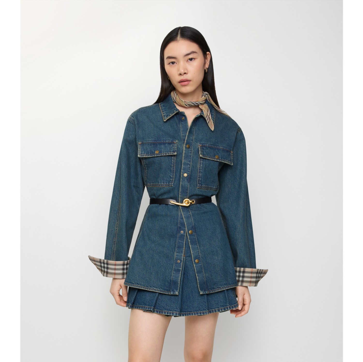 Pleated Denim Mini Skirt in Mid blue - Women | Burberry® Official