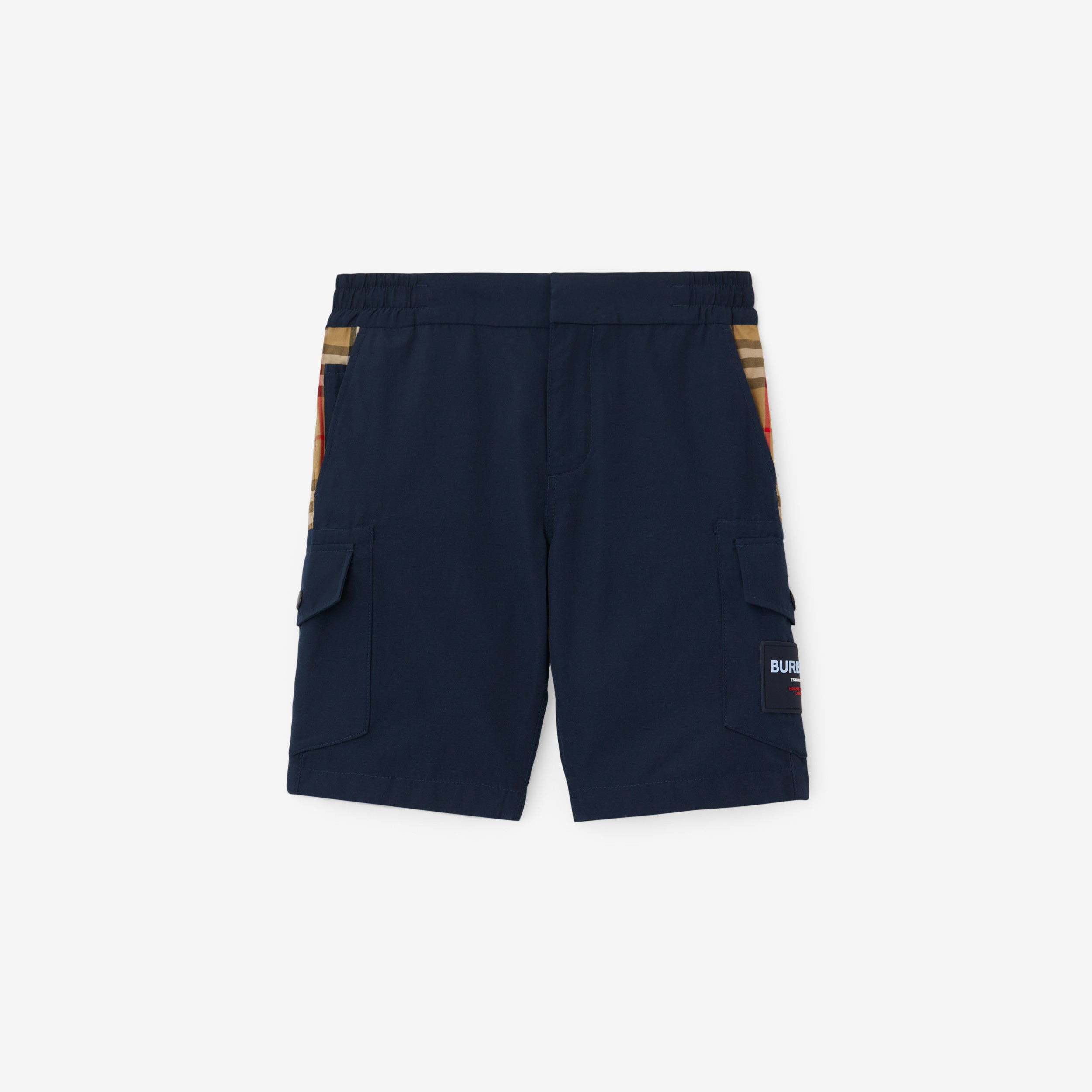 Vintage Check Panel Cotton Blend Cargo Shorts in Deep Charcoal Blue | Burberry® Official - 1