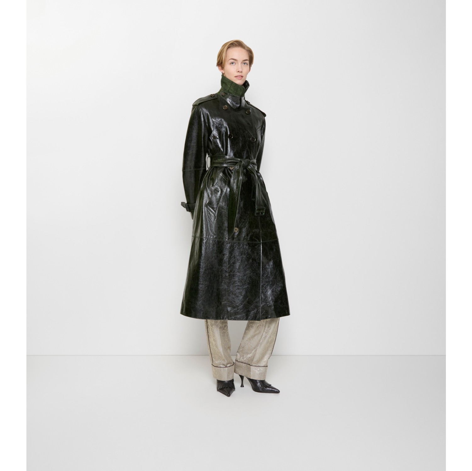 Long Embossed Leather Trench Coat