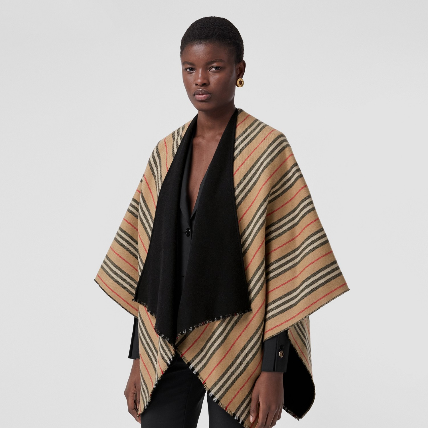 Icon Stripe Wool Reversible Cape in Black | Burberry® Official