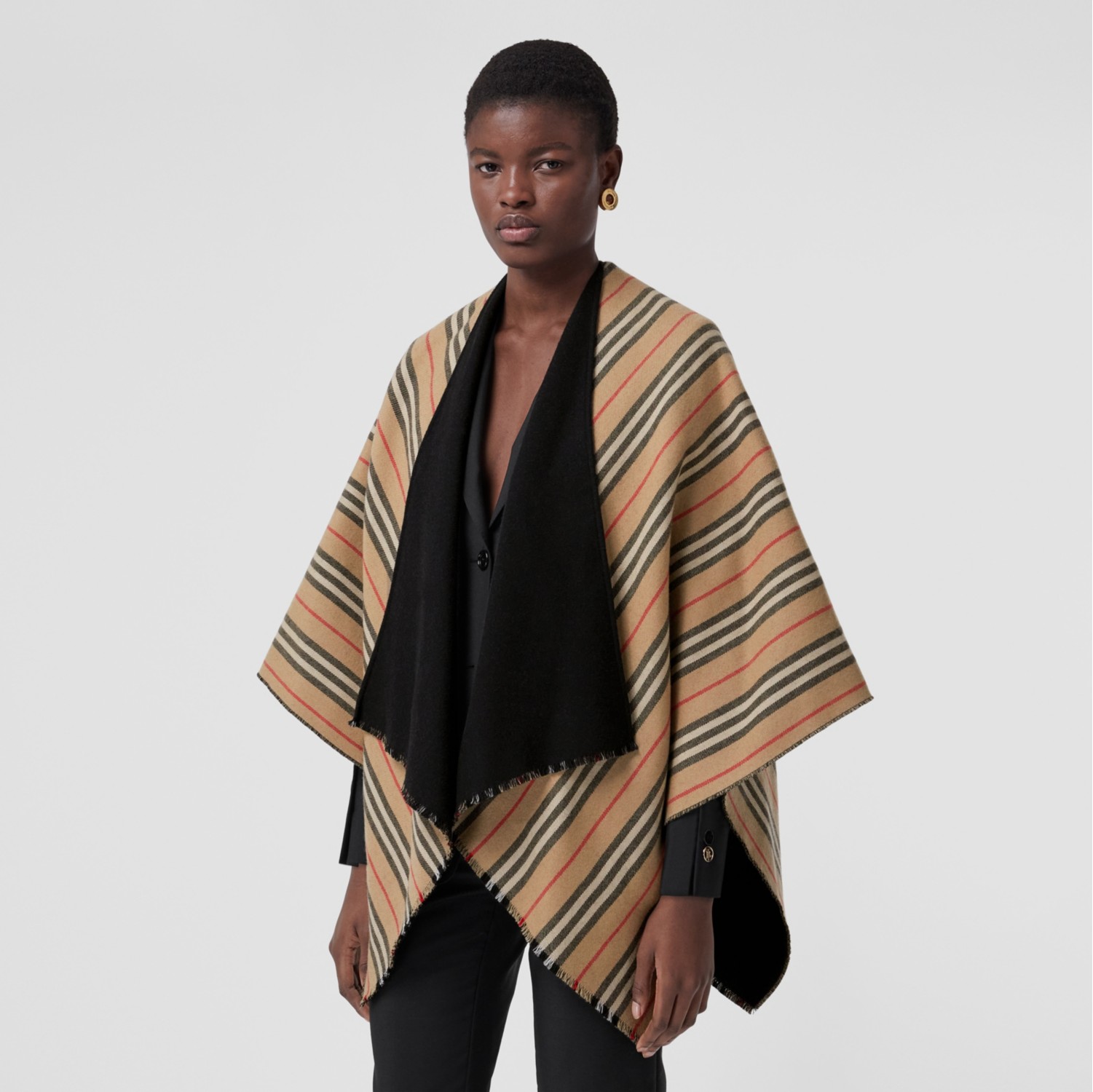 Icon Stripe Wool Reversible Cape in Black | Burberry® Official