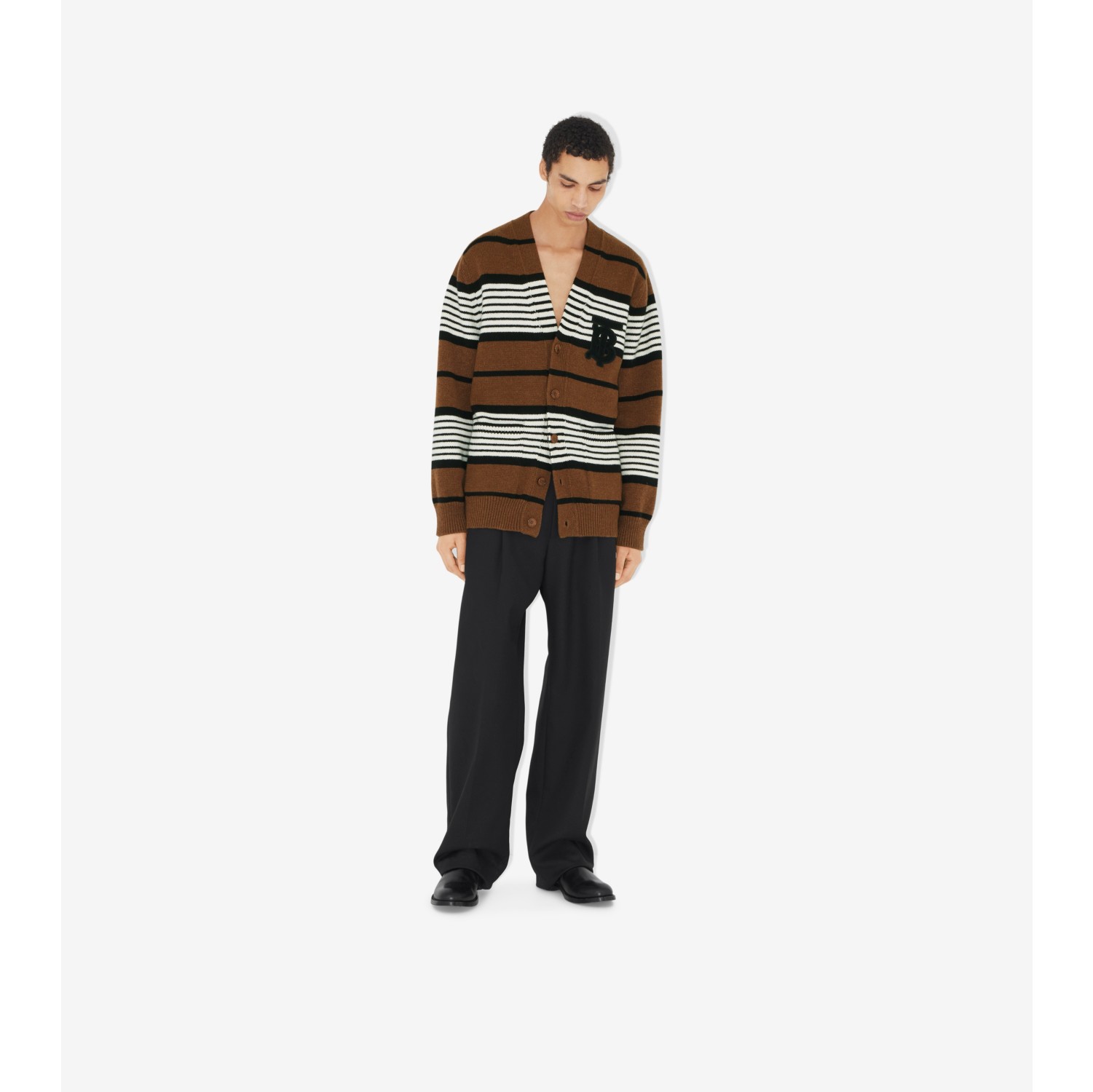 Cardigan oversize en laine et cachemire rayures Bouleau Brun Sombre Homme Site officiel Burberry