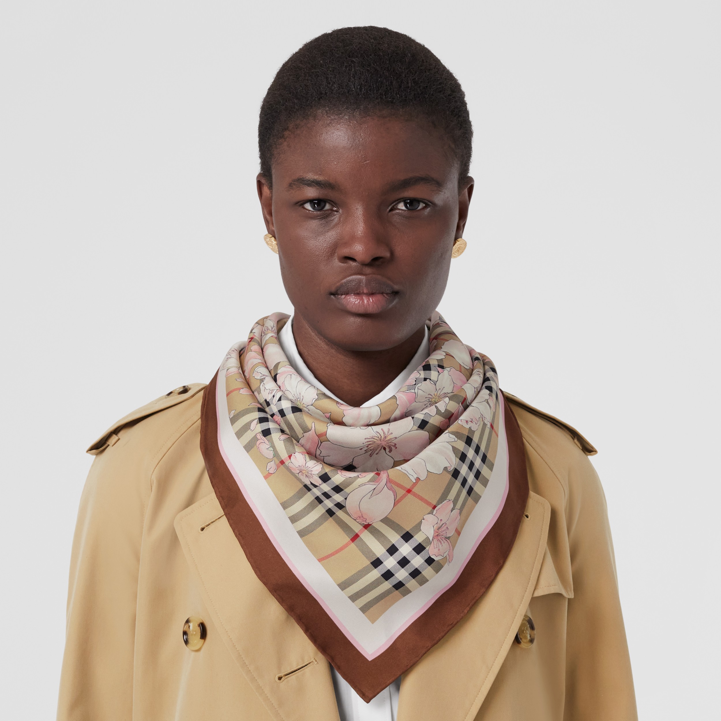 Floral Check Print Silk Square Scarf in Archive Beige Burberry® Official