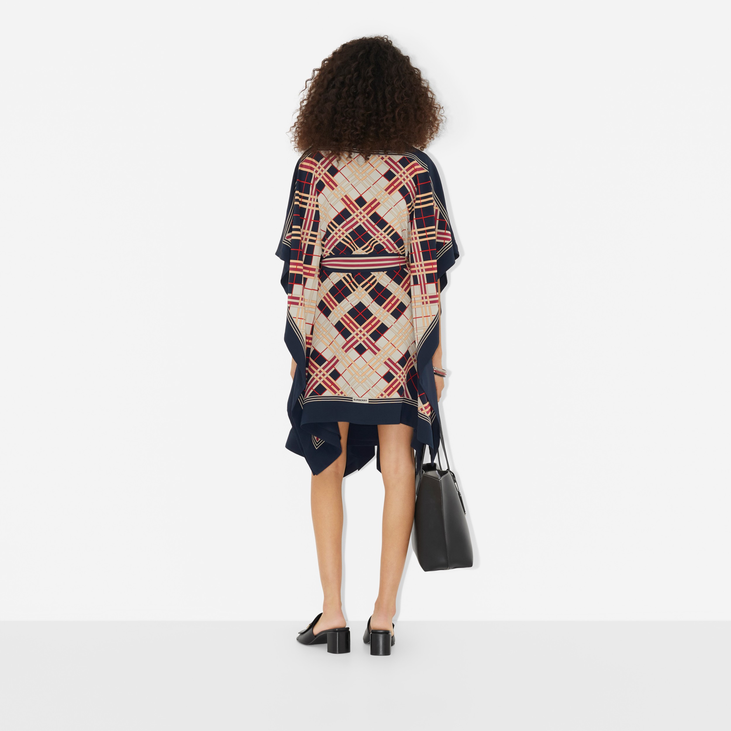 Abstract Check Print Silk Belted Cape in Navy/red | Burberry® Official