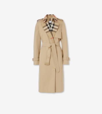 Long Check Collar Trench Coat in Honey - Women, Cotton Gabardine ...