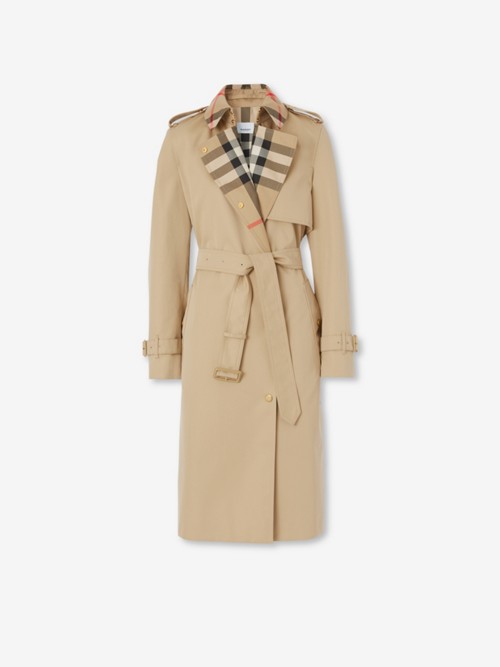 Burberry Long Check Collar Trench Coat In Neutral