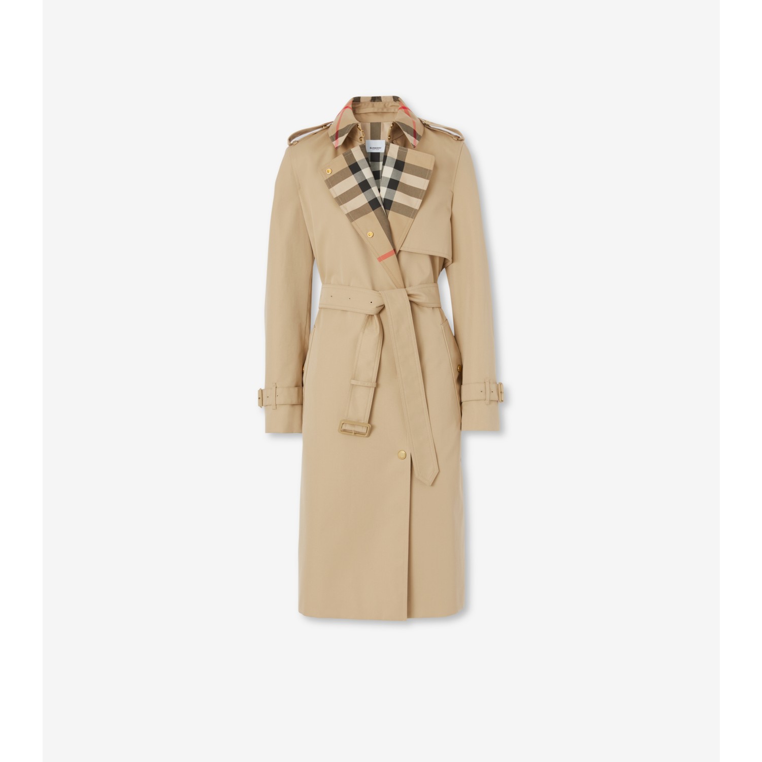 Long Check Collar Trench Coat in Honey - Women, Cotton Gabardine | Burberry® Official