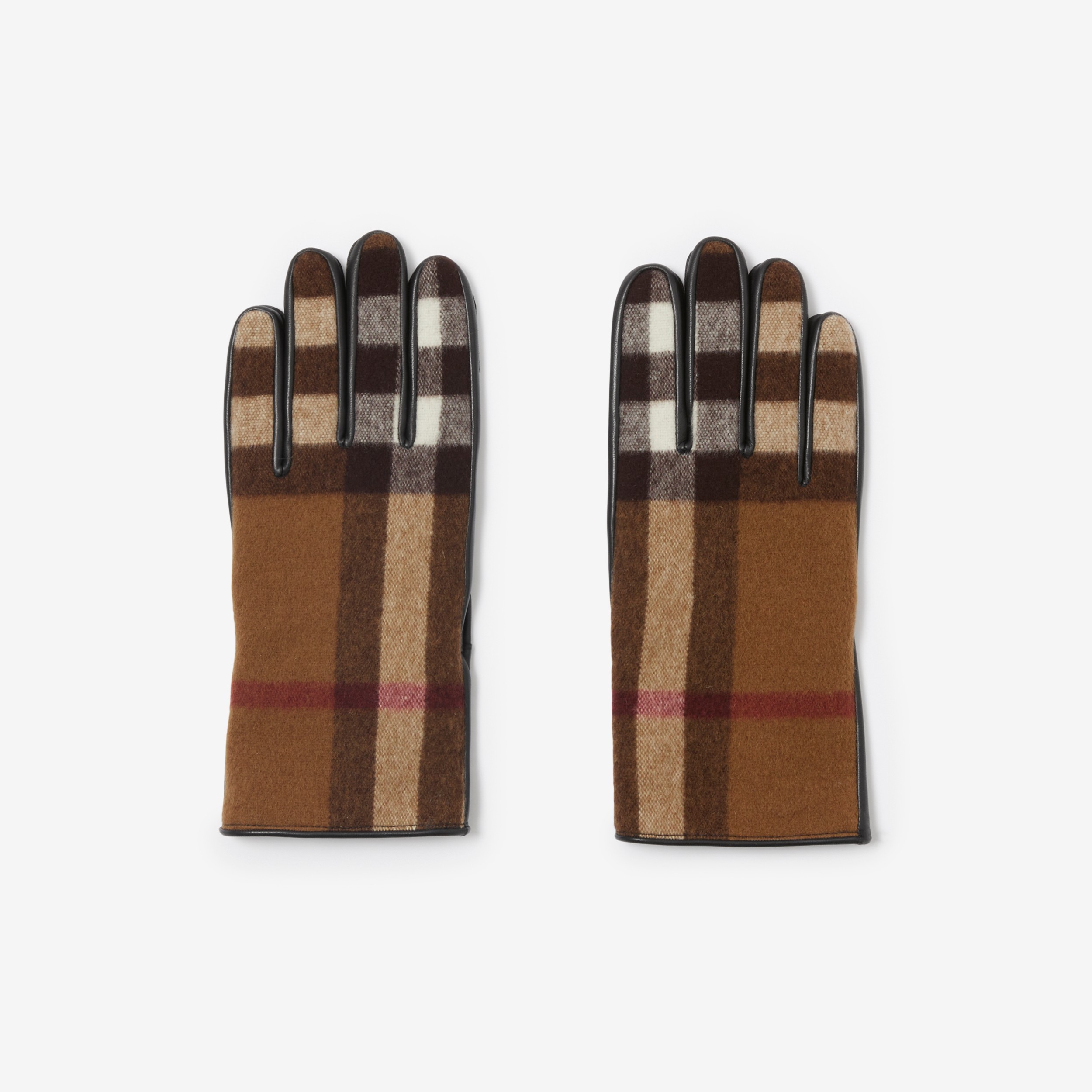 Cashmere-lined Exaggerated Check Wool and Leather Gloves in Birch Brown |  Burberry® Official