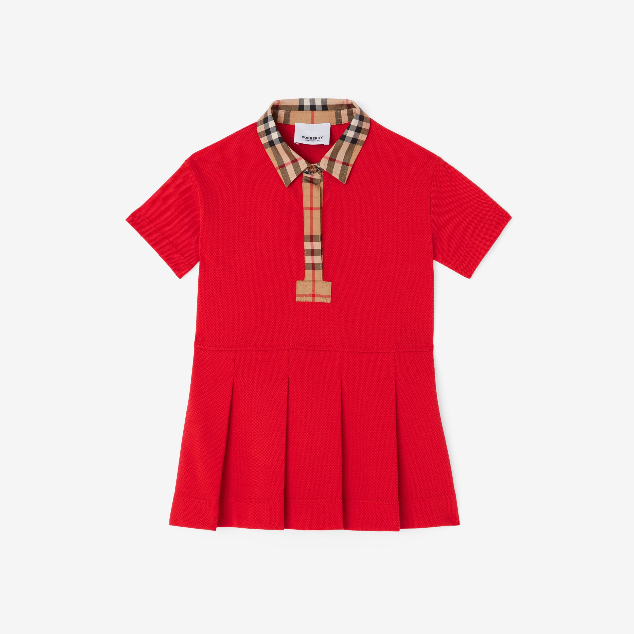 Vestido estilo camisa polo de algodão piquê com detalhe em Vintage Check (Vermelho Intenso) - Crianças | Burberry® oficial - 1