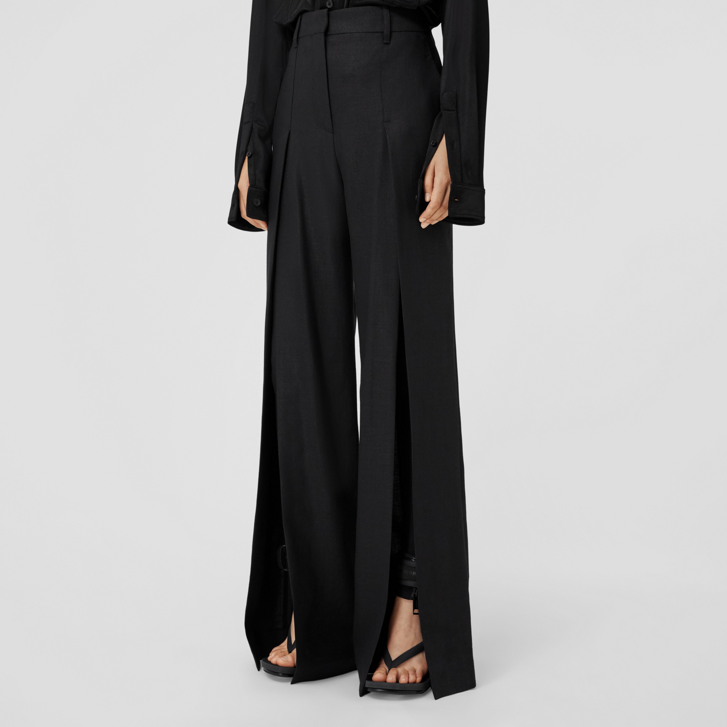 Split Detail Wool Ramie Wide-leg Trousers in Black - Women | Burberry® Official - 4