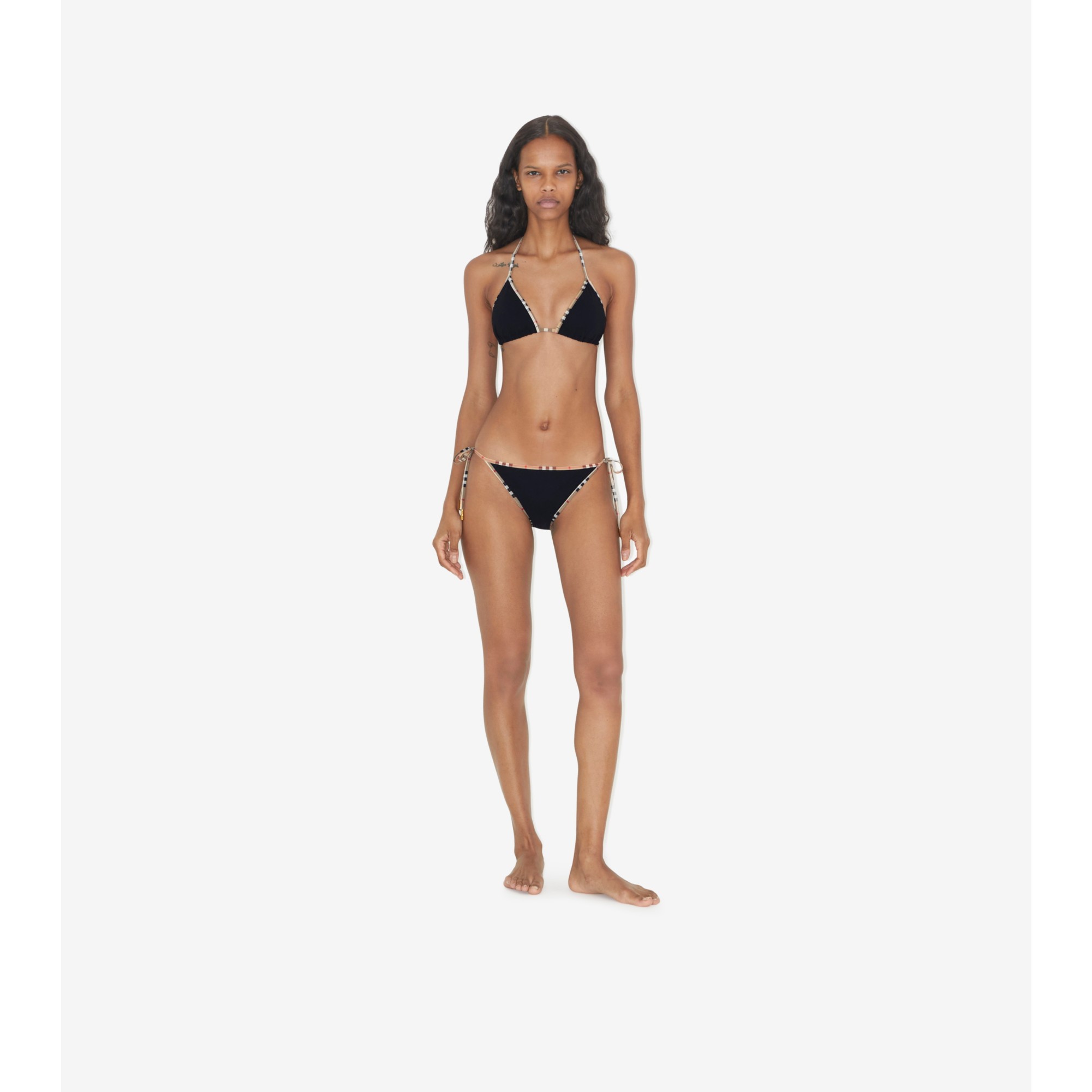 Check Trim Triangle Bikini in Black Women Nylon Burberry